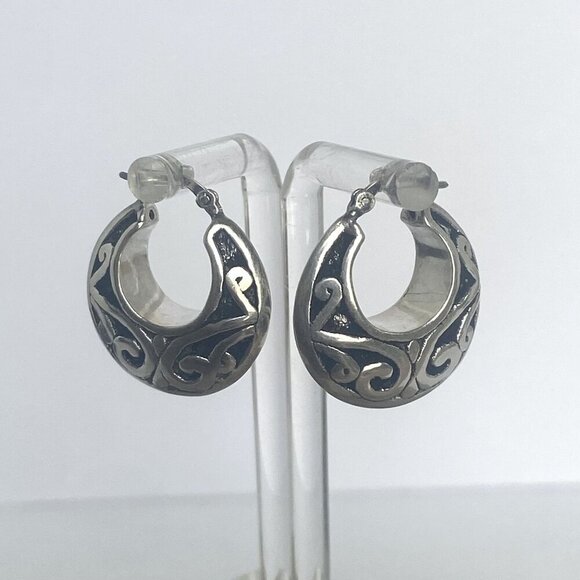 Sterling Silver 925 1" Scrollwork Bali Style Chunky Hoop Earrings Hinged Post - Picture 8 of 16
